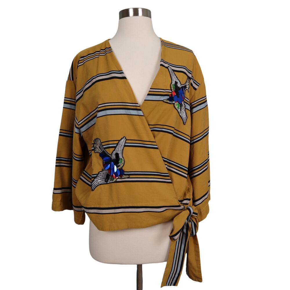 Zara Mustard Wrap Blouse with Embroidered Birds